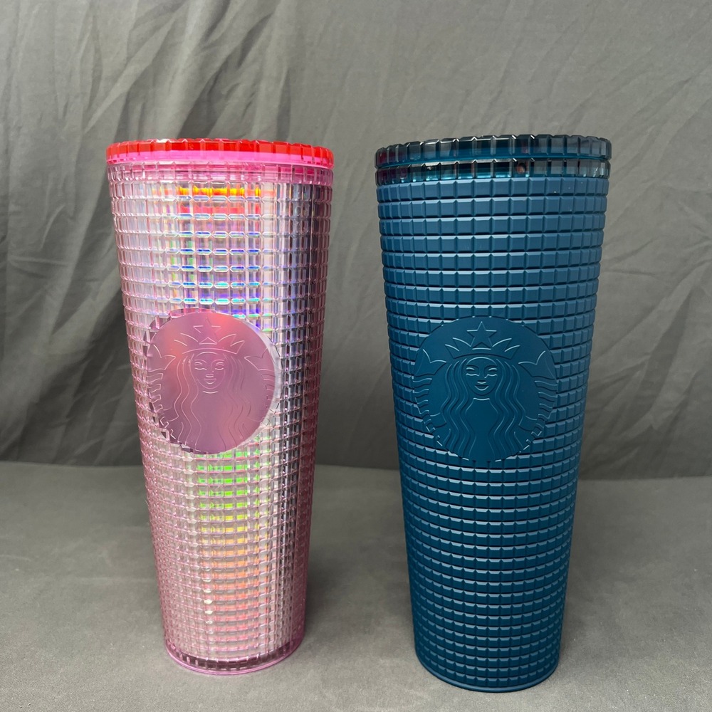 Starbucks Tumbler Lot 24oz Pink Blue Grid Cold Drink Cups Tumblers No Straws
